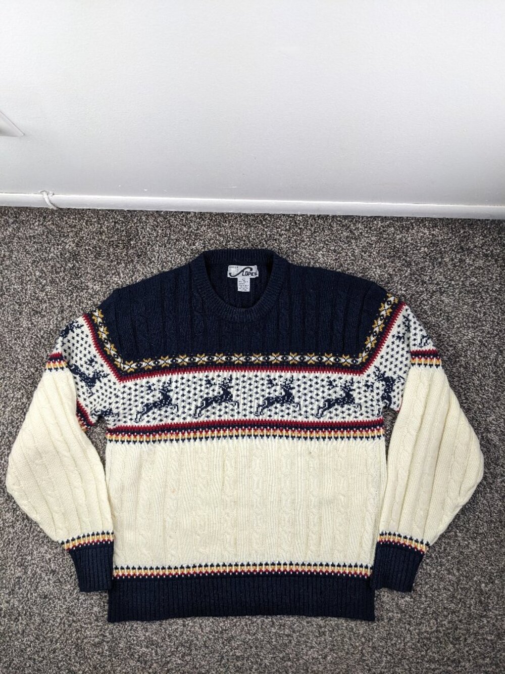 Vintage Steep Slopes Sweater Fair Isle Reindeer Print Cable Knit Ski Mens Large